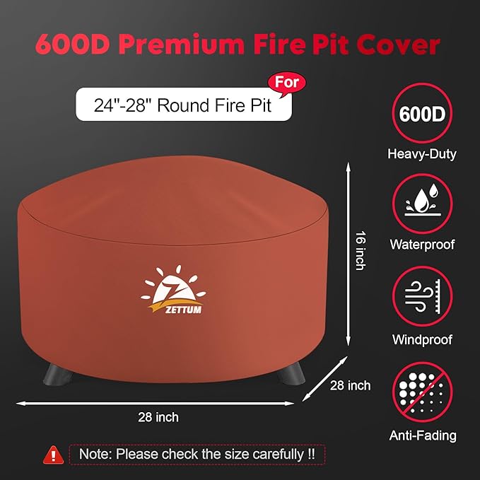Zettum Fire Pit Cover Round 28 Inch - Outdoor Firepit Cover Heavy Duty & Waterproof, 600D Patio Fire Table Covers Gas Fire Pit Accessories Fit 27" Solo Stove Yukon Series Firepit - 28 x 28 x 16 Inch