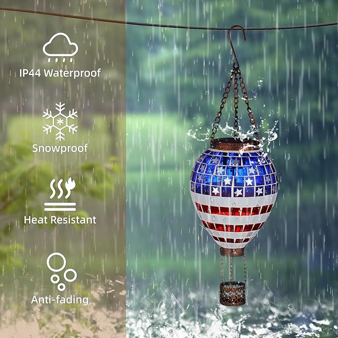 VOREEN American Flag Hot Air Balloon Solar Lantern, Handmade Mosaic Outdoor Hanging Wind Light, IP44 Waterproof, Patio Decorations, Gift for Mom Wife Friend, Patriotic Theme, 4th of July Decor
