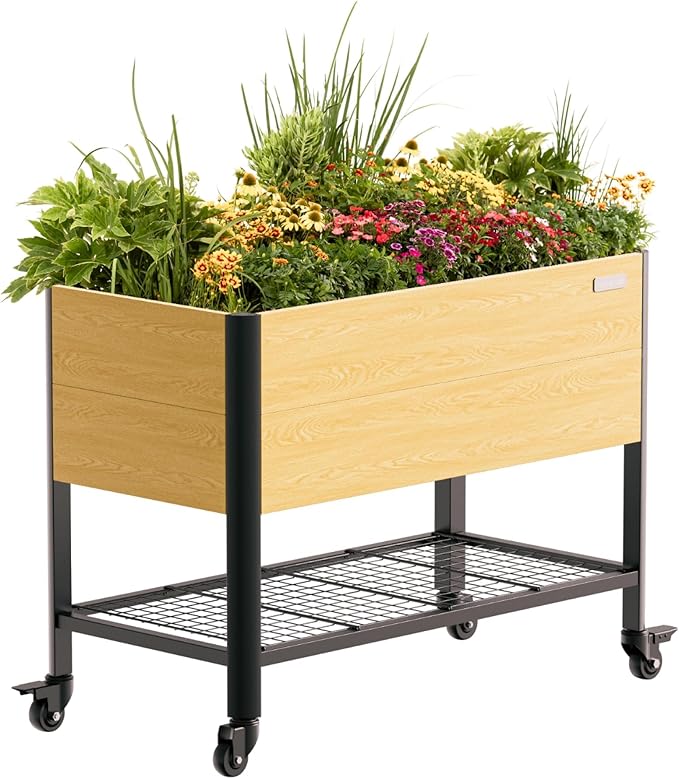 Rolling Elevated Garden Bed, 2' x 4' Metal Woodgrain Elevated Outdoor Planters Boxes with Legs & Storage Rack for Patio, 1000 lbs Weight Capacity, Raised Beds for Gardening Herb Flowers Vegetables