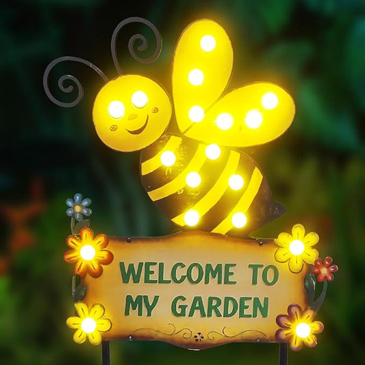 Large Yard Stakes 44.8" with Welcome to My Garden Sign, Solar Garden Lights Outdoor for Summer Decorations, Waterproof Metal Bee Decorative Yard Stakes