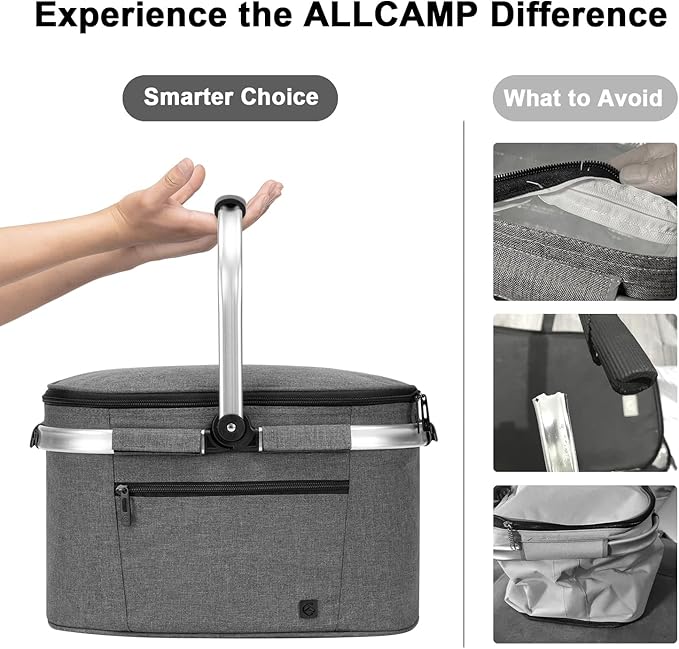 ALLCAMP Picnic Basket - Insulated Cooler Foldable Thermal Bag with Detachable Compartments & Built-in Frame, Housewarming Gift for New Home (Gray)