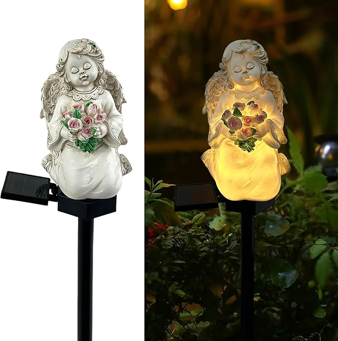 Solar Garden Angel Lights, Waterproof Outdoor Garden Angels Statue Decorations Solar Lights for Cemetery Gravesite Grave Outside Yard Patio Lawn Porch (Flower)