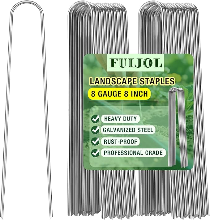 8 Gauge Landscape Staples, FUIJOL 8 Inch Heavy Duty U-Shaped Landscape Stakes, 100 Pack Galvanized Garden Staples for Weed Barrier Stakes, Ground Cover, Irrigation Tubing, Fence (100)