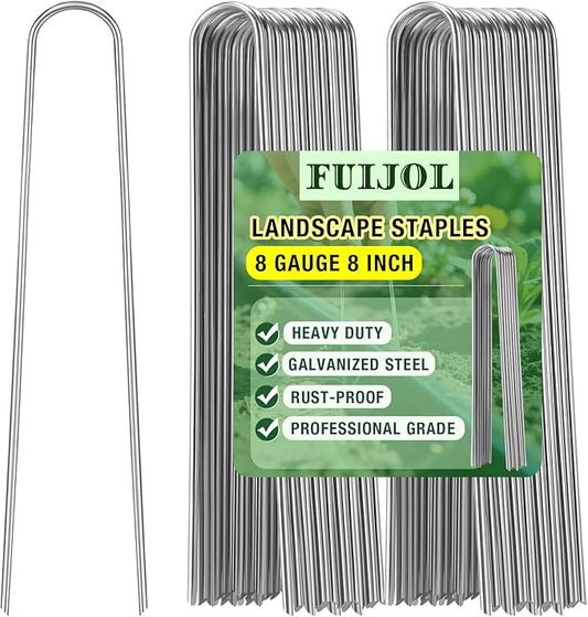 8 Gauge Landscape Staples, FUIJOL 8 Inch Heavy Duty U-Shaped Landscape Stakes, 100 Pack Galvanized Garden Staples for Weed Barrier Stakes, Ground Cover, Irrigation Tubing, Fence (100)
