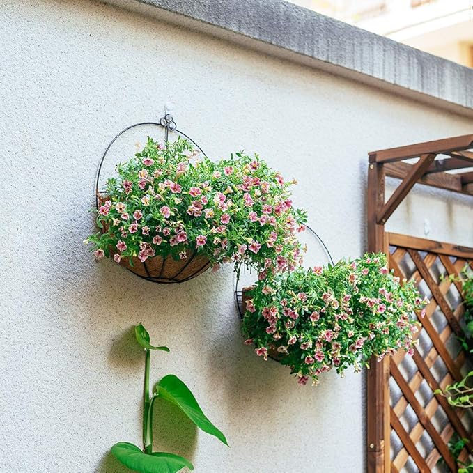 NUPTIO 2 Pcs 14 Inch Hanging Planters for Indoor Wall Planter Pots with Coconut Liners Wire Large Garden Artificial Faux Flowers Basket for Summer Outdoor Outside Fence Decoration