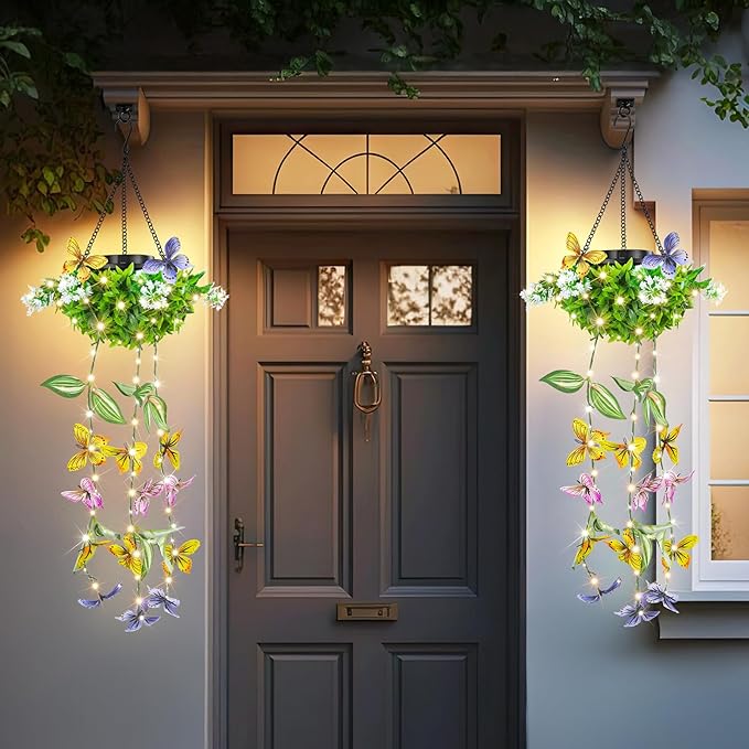 Solar Hanging Garden Lights - 2 Pack, Artificial Butterfly & Flower LED Fairy String Lights, IP65 Waterproof Outdoor Festive Decor for Patio, Porch, Garden, Yard, Warm Gift for Mom, Family & Friends