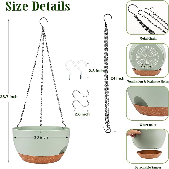 Hanging Planters for Outdoor Indoor Plants, 2 Pack 12 Inch Hanging Basket Plants Outdoor, Self Watering Hanging Planter with Plant Hanger for Garden Home Decoration (Green, 10 inch)