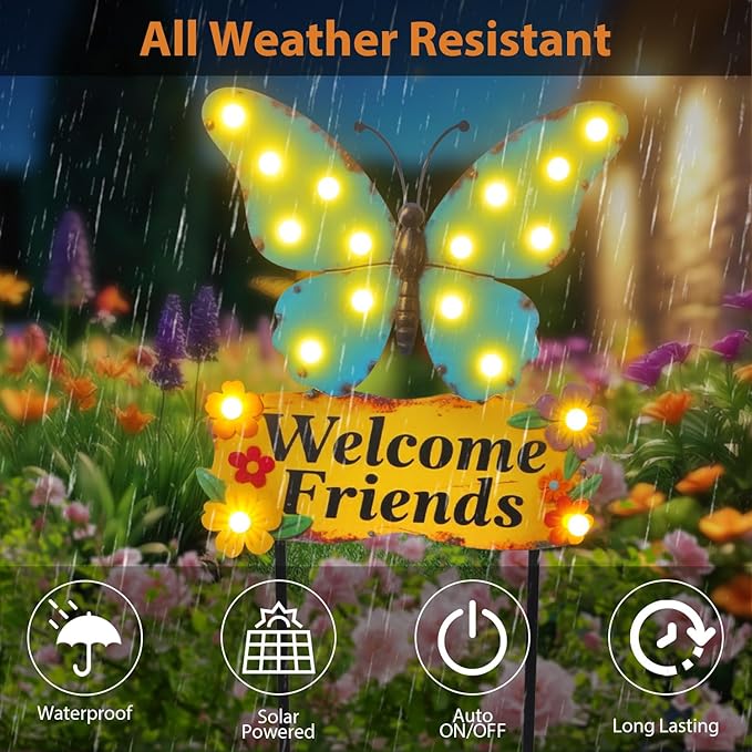 Decorative Garden Stakes Large 45" with 18 Bulbs Solar String Lights Outdoor Waterproof, Butterfly Solar Lights for Outside with Welcome Friends Garden Sign for Yard, Patio, Pathway