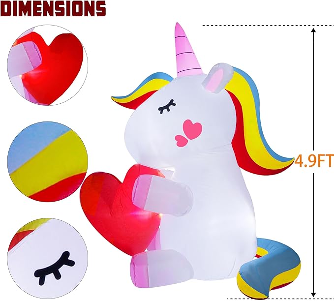 Lulu Home Lighted Yard Decorations, 5 FT Large Inflatable Light Up Unicorn Holding A Red Heart, Valentines' Day Blow Up Adorable Rainbow Colorful Unicorn Outdoor Indoor Party Display Decor