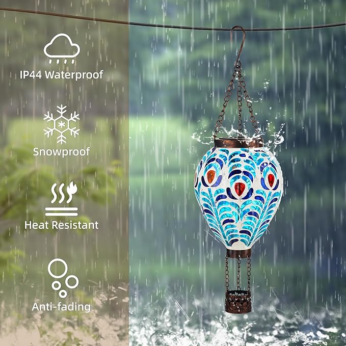 VOREEN Hot Air Balloon Solar Lantern, Handmade Mosaic Solar Outdoor Hanging Wind Light, Waterproof, Patio Festive Decor, Gift for Mom Wife Friend, Peacock Feather Design