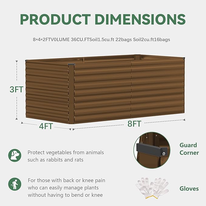 FOOWIN 2pcs 8x4x3ft Galvanized Raised Garden Bed, Planter Raised Garden Boxes Outdoor, Large Metal Raised Beds for Gardening, Garden Bed for Vegetables, Flowers, Herb, Brown