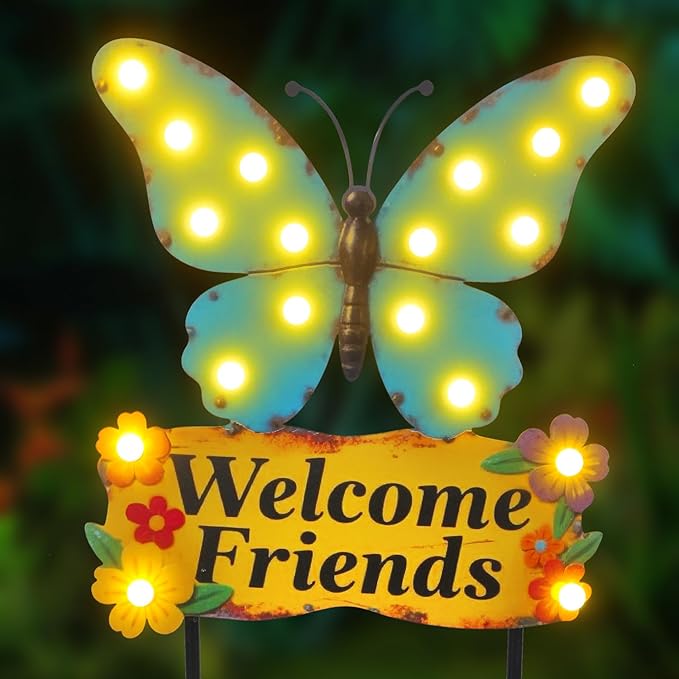 Decorative Garden Stakes Large 45" with 18 Bulbs Solar String Lights Outdoor Waterproof, Butterfly Solar Lights for Outside with Welcome Friends Garden Sign for Yard, Patio, Pathway