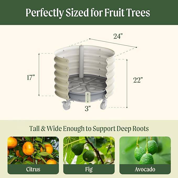 Rolling Metal Citrus Tree Planter, Self-Watering Round Large Pot for Growing Trees Tomatoes Vegetables and Flowers, Raised Garden Bed with Wheels for Porch Patio & Backyard, Single Pack-Olive Green