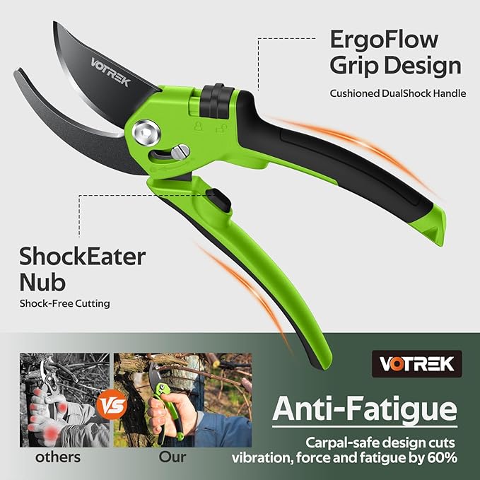 VOTREK Pruning Shears for Gardening, [Patented Stepless Handle Opening] - Garden Clippers with Ultra-Sharp SK5 Steel for Weak Hand, Universal Fit for All Hand Sizes, Effortlessly Cuts 1-Inch Branches