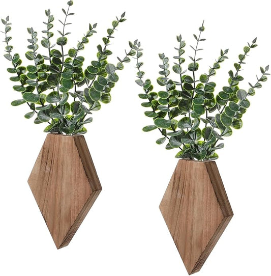Chunful 2 Pcs Wooden Wall Planter Decor Hanging Fake Plants Greenery Flowers Holder Vase Boxes for Wall Bohemian Farmhouse Room Kitchen Office Indoor Decoration(Wooden Color,7.1 x 4.7 x 1.2 Inches)
