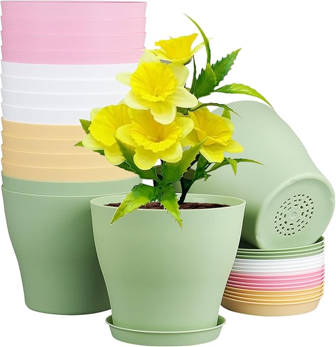 6 inch Plastic Nursery Pots, 16 Pack Plant Pots for Small Indoor Outdoor Plants, Flower Pots with Drainage Holes and Saucers, Decorative Seedling Starter Planters for House Plants, Colorful