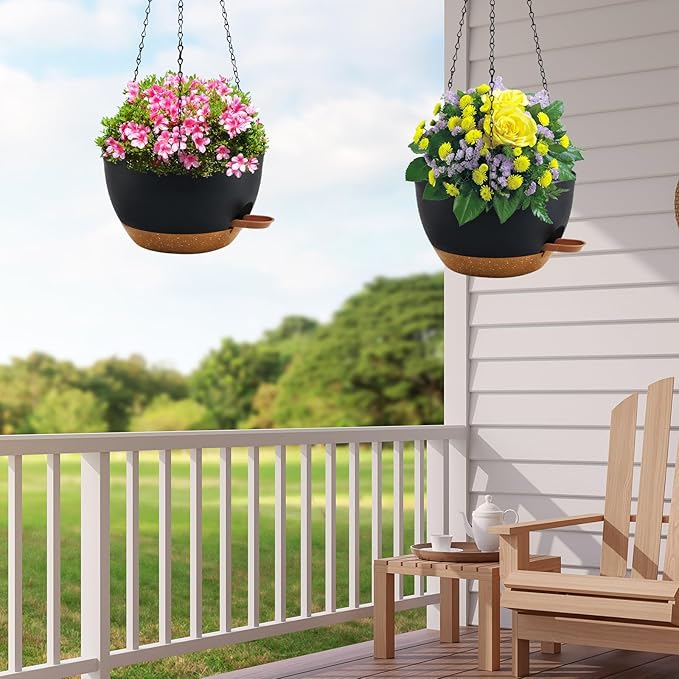 10 inch Hanging Planters for Indoor Plants, 3 Pack Self-Watering Hanging Planter Pots with Chain and Drainage Holes, Outdoor Hanging Baskets for Garden Home Decor (Black With Brown, 3pcs/10inch)