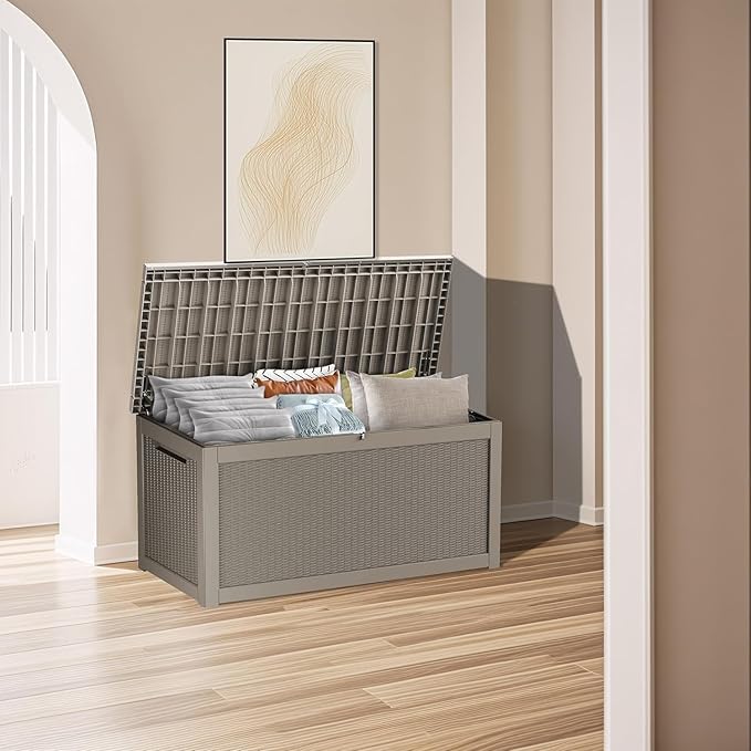320GAL Deck Box -Grey ，Lockable Resin Storage Box，Outdoor Storage Box，UV Resistant Resin，Patio, Garden and Poolside