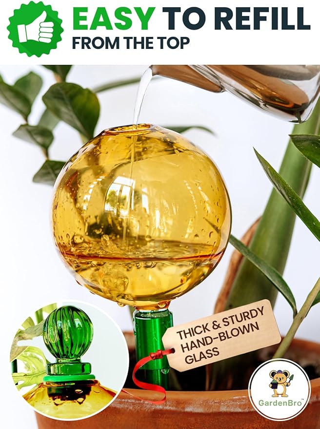 16 Oz Plant Watering Globes for Indoor Plants with Metal Self Watering Planter Insert - Premium XL Glass Hand-Blown Globe - Automatic Plant Waterer Indoor, Gift Idea for Gardeners [1 Globe, Golden]