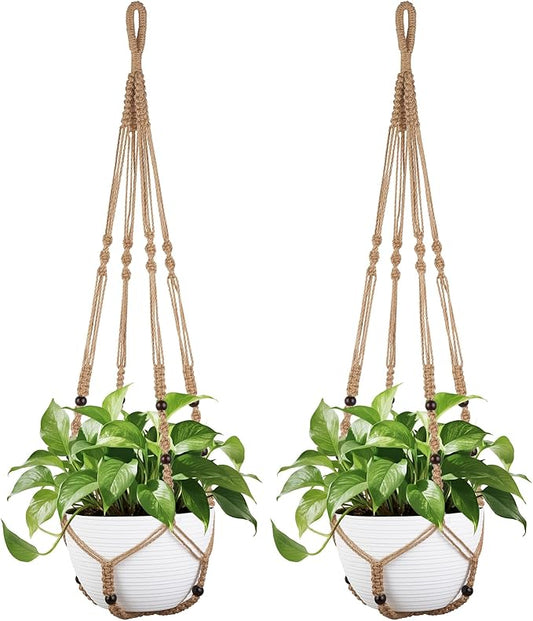 Mkono 43 Inch Macrame Plant Hanger Large for up to 12 Inch Pot Extra Long Hanging Plant Holder No Tassels Hanging Planter Basket with Wood Beads for Indoor Outdoor Home Decor, Brown, Set of 2