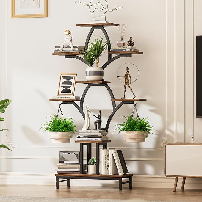 Plant Stand Indoor with 4 Grow Lights - 63" Tall Plant Shelf- 8 Tiered Corner Plant Flower Stands Display Shelves for Home, Patio (Brown)