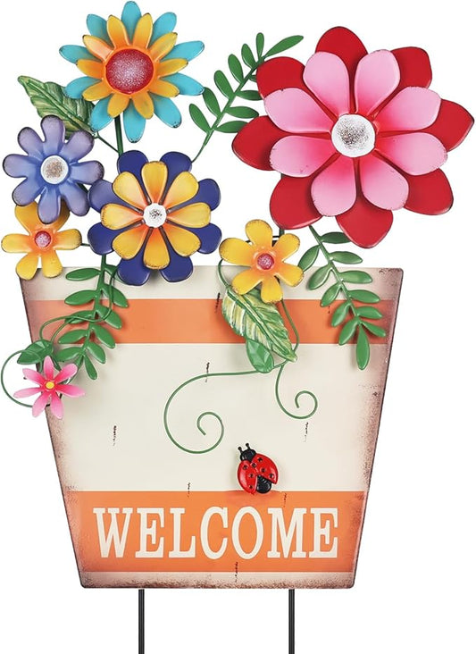 hogardeck Garden Decor for Outside, Metal Flower Pot Decorative Garden Stakes with Flowers for Spring Decor, Yard Art Welcome Sign for Outdoor Garden Lawn Backyard Porch Patio Decorations