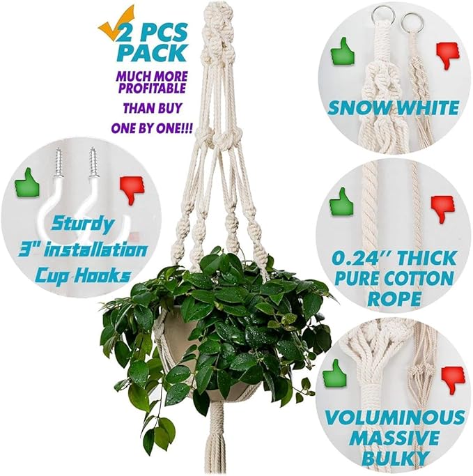 Bulky Plant Hanger Macrame Handmade Indoor Outdoor Decoration Hanging Planter Cotton Rope Basket 0.24in Thick Sturdy for Round & Square Flower Herbs Pots (No Pots No Plants) 46in, 4 Legs, 2 pcs