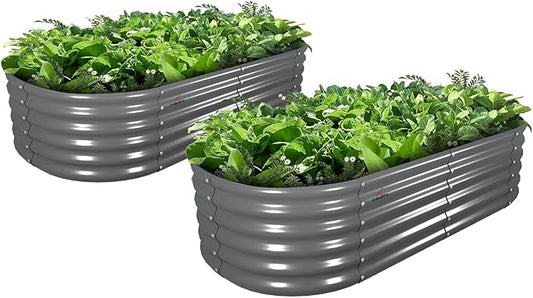 A ANLEOLIFE 2 Pcs 6X2X1.5 ft Oval Round Galvanized Raised Garden Beds Outdoor for Planting Vegetables Flowers Herb, Quartz Grey