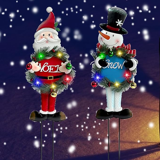 Solar Christmas Yard Decorations Outdoor - 2 Pack Metal Xmas Yard Signs 30” Snowman Santa Claus Lighted Garden Stakes with Colorful Lights for Garden Pathway Holiday Winter Lawn