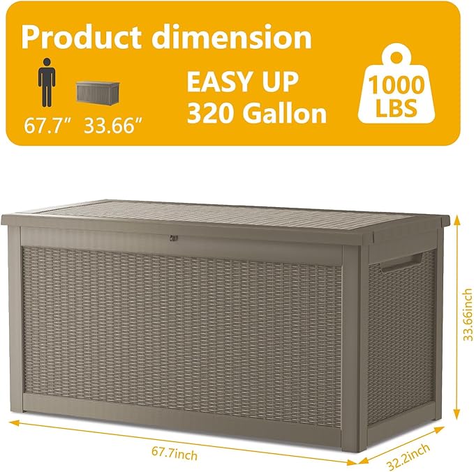 Mersco 320 Gallon Double-Wall Resin Deck Box - Lockable Waterproof Outdoor Storage Box, 1000lbs Capacity & Doubles as Seating for Patio Furniture - Garden Tools, Pool Accessories (Grey)