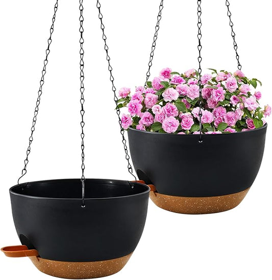 12 inch Hanging Planters for Indoor Plants, 2 Pack Self-Watering Hanging Planter Pots with Chain and Drainage Holes, Outdoor Plastic Hanging Baskets for Garden Home Decor