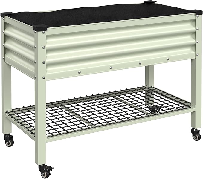 VEIKOU 48x24x34in Galvanized Steel Raised Garden Bed for Outdoor with Shelf and Casters, Drainage Holes, Detachable Liner, Steel Planter Box for Gardening, 507 lbs Capacity, Cream White