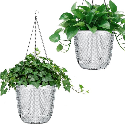 QCQHDU Self Watering Hanging Pots, 2 Pack 5.7 Inch Hanging Planters for Plants Indoor, Outdoor Flower Pots with Drainage Holes and 3 Hooks Chains for Garden Home (Clear)