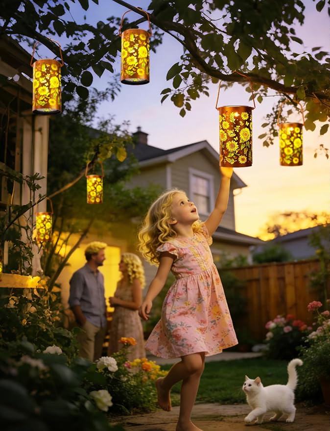 Sunflower Solar Lanterns Outdoor Waterproof, Metal Lantern Garden Lights with Color Projection, Garden Decor Gifts for Mom Women Mother Grandma, Hanging Solar Lights for Yard Porch Patio (Sunflower)