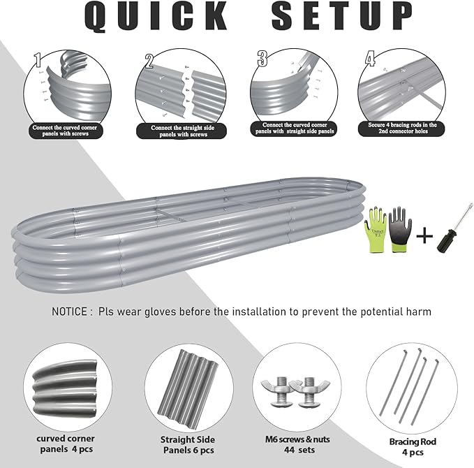 2 Packs 12x2x1FT Galvanized Raised Garden Bed Kit Oval Metal Ground Planter Box Outdoor Bottomless Planter Raised Beds for Vegetables Flowers Herbs Fruits, Gray