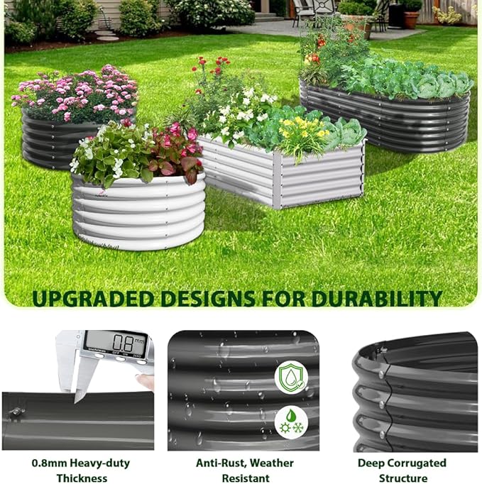A ANLEOLIFE 2 Pcs 6X2X1.5 ft Oval Round Galvanized Raised Garden Beds Outdoor for Planting Vegetables Flowers Herb, Quartz Grey