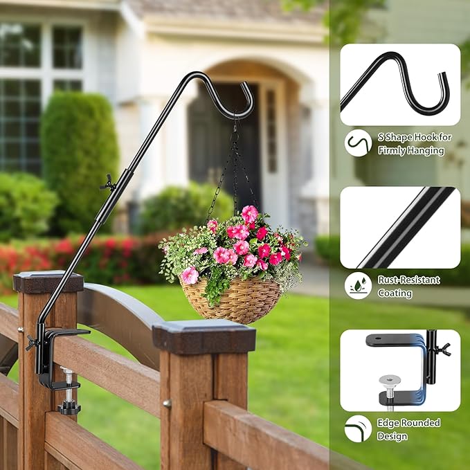 BOLITE Heavy Duty Deck Hook, 16 Inch Bird Feeder Hanger for Hummingbird Feeders, Planters, Lanterns, Wind Chimes, 360° Rotatable Arm, Black, Birthday Gifts for Women Men, Gifts for Mom Dad