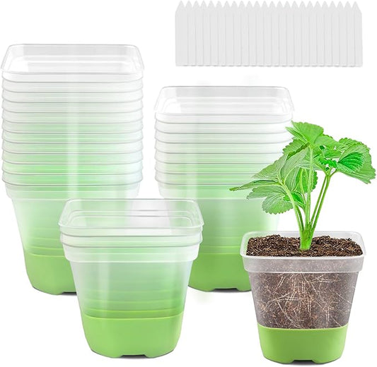 24 Pack 3 Inch Square Plastic Nursery Pots, Clear Plant Pot with Soft Silicone Base for Easy Transplant, Flower Pots with Drainage Holes, Reusable Seedling Pots