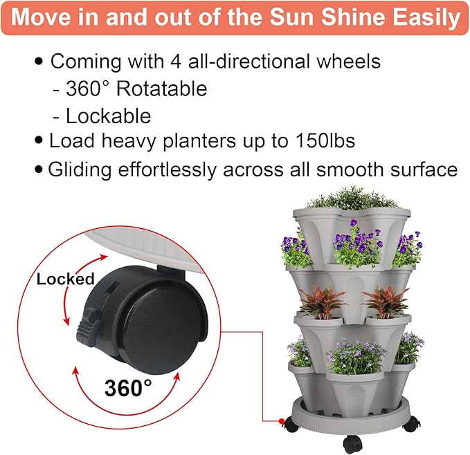 GameXcel Vertical Planter 4 Tier Stackable Planters Garden Planters Strawberry Herb Flower and Vegetable Planter Indoor Outdoor Gardening Pots with Removable Wheels and Tools