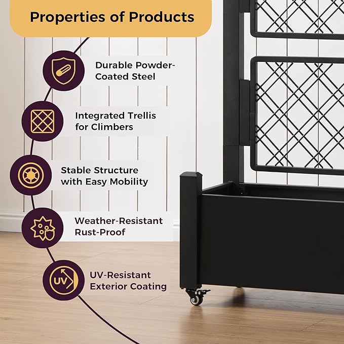 Metal Raised Garden Bed with Trellis, 50Hx38Wx14D Inch Compact Planter Box for Climbing Plants, Patio Balcony Garden, Privacy Screen with Wheels and Drainage Holes, Black