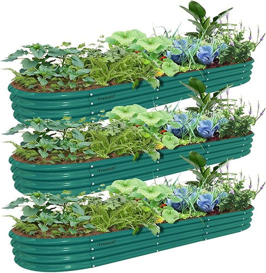 3 Pack 12x2x1FT Galvanized Raised Garden Bed Kit Oval Metal Ground Planter Box Outdoor Bottomless Planter Raised Beds for Vegetables Flowers Herbs Fruits, Green