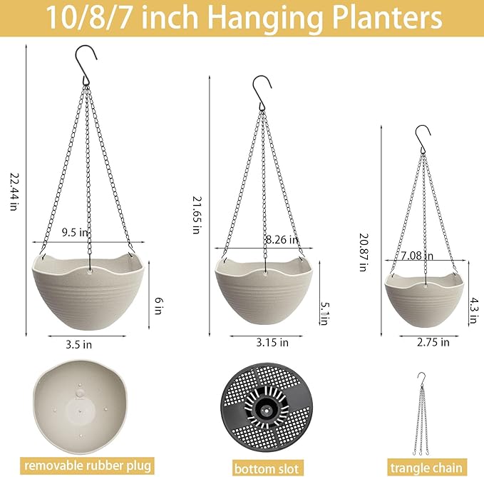 Hanging Planters for Indoor Plants 3 Pack - 7/8/10 Inch Plastic Hanging Pots with Water Sieve Mesh, Small Hanging Pots for Home Garden, Porch, Balcony & Patio Decor, Grey White