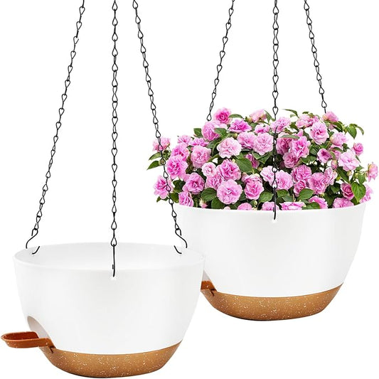 12 inch Hanging Planters for Indoor Plants, 2 Pack Self-Watering Hanging Planter Pots with Chain and Drainage Holes, Outdoor Plastic Hanging Baskets for Garden Home Decor