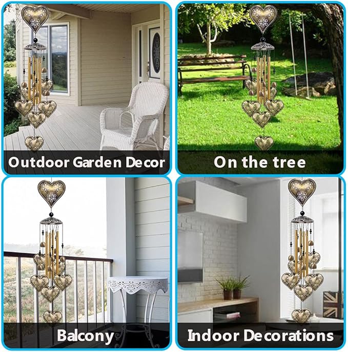 Garden Loving Heart Wind Chimes Outdoor Indoor Decor - with 4 Tubes 6 Bells 7 Hearts Mobile Romantic Wind Catcher, Heart Shaped Windchimes for Home, Mom Gifts, Balcony, Festival, Garden Decoration