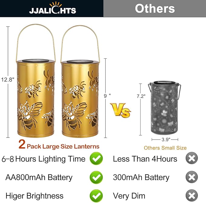 12.8" Large Size 2-Pack Outdoor Solar Lanterns Waterproof Metal Bee Patterns Garden Decor Gifts for Women Mom Grandma Hanging Solar Lanterns for Outside Yard, Patio, Backyard, Porch