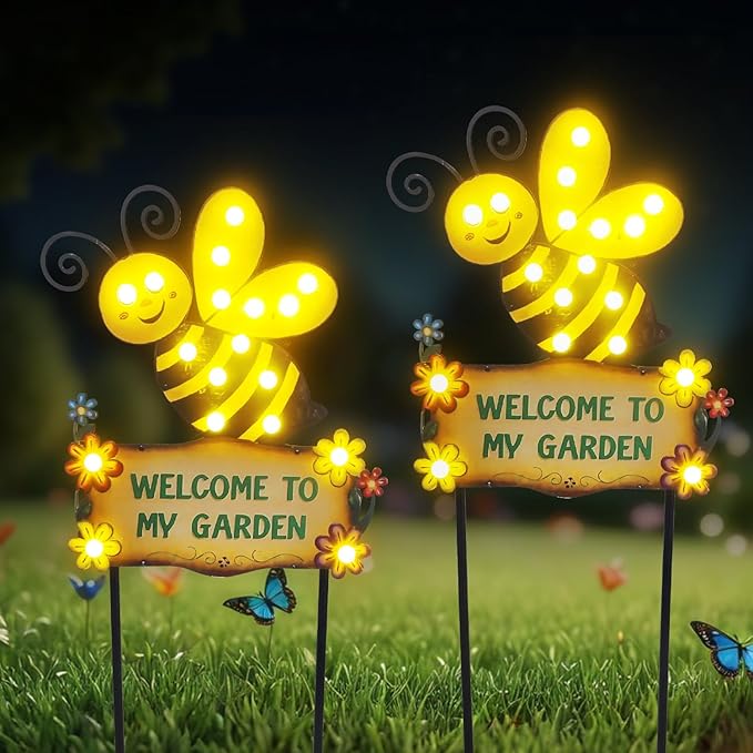 Large Yard Stakes 44.8" with Welcome to My Garden Sign, Solar Garden Lights Outdoor for Summer Decorations, Waterproof Metal Bee Decorative Yard Stakes