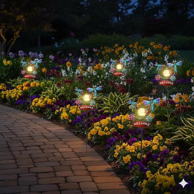 Solar Garden Stakes Metal Welcome Signs for Outside 30.3', 2 Flying Dragonflies with Cracked Glass Ball,Decorative Garden Stakes for Lawn, Patio, Dragonfly Gifts for Women