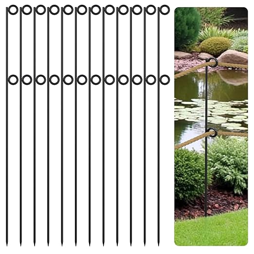 12 Packs 42" Tall Metal Rope Stakes with Pointed Ends Black Powder-Coated Garden Border Poles for Rope ≤3.5" Fencing Around Flower BedsTrees Paths Walkways