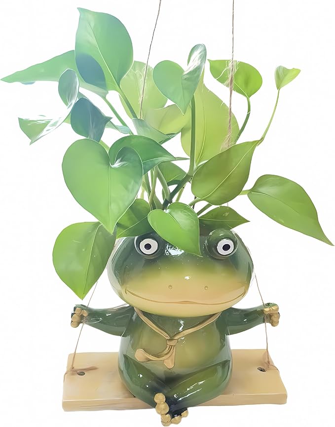 Hanging Planter for Indoor/Outdoor Plant - Swinging Frog Planter Pot for Succulents, Small Plants (Animal Home Decor) (Green)