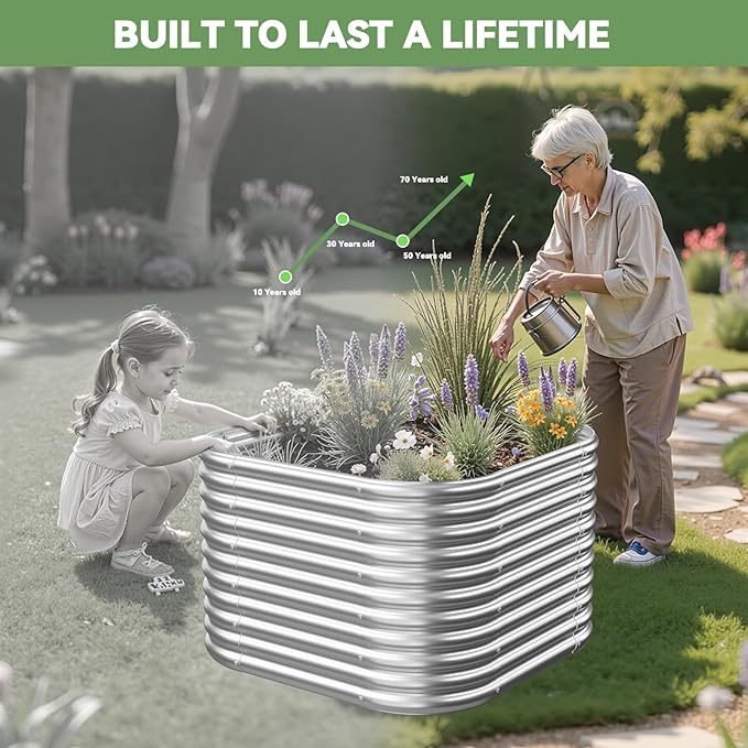 2x2FTx16Inch Raised Beds for Gardening, Corrugated Galvanized Steel Raised Garden Bed, Outdoor Metal Above Ground Garden Bed for Vegetables and Flowers